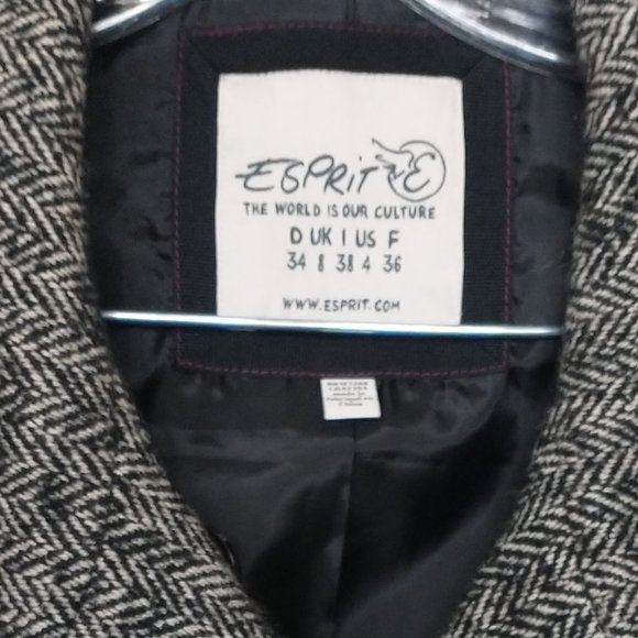 Women Esprit size 4 wool blend double breasted jacket, black/white tweed pattern - Picture 2 of 13